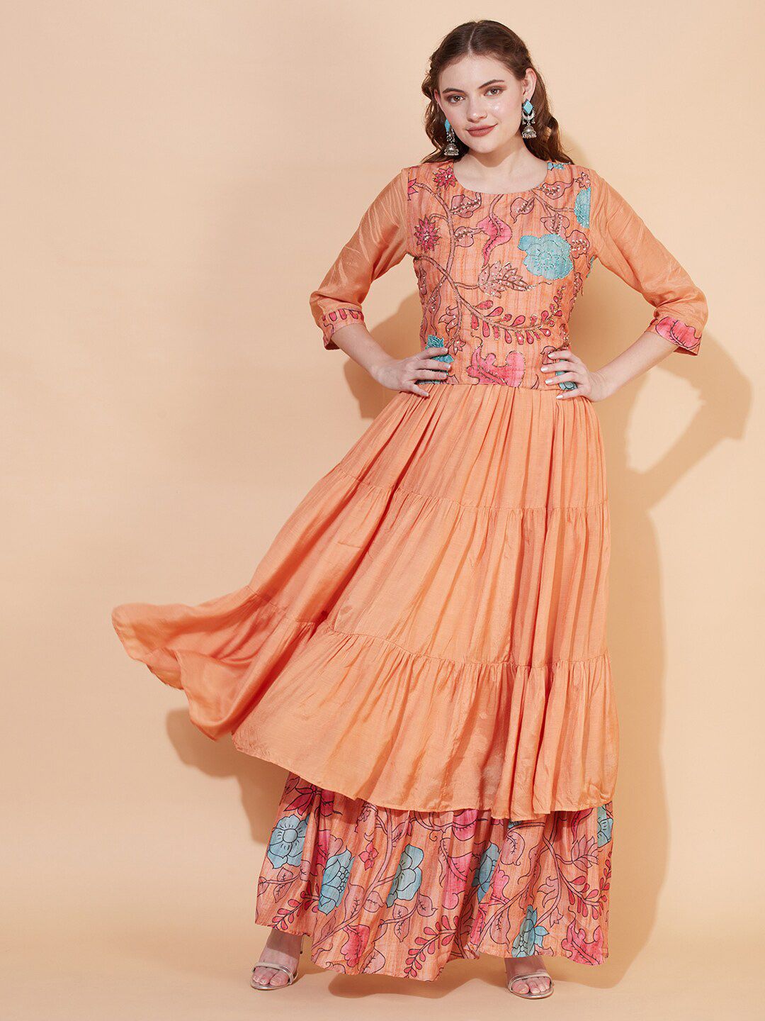 FASHOR Orange Floral Layered Ethnic Maxi Tiered Dress Price in India