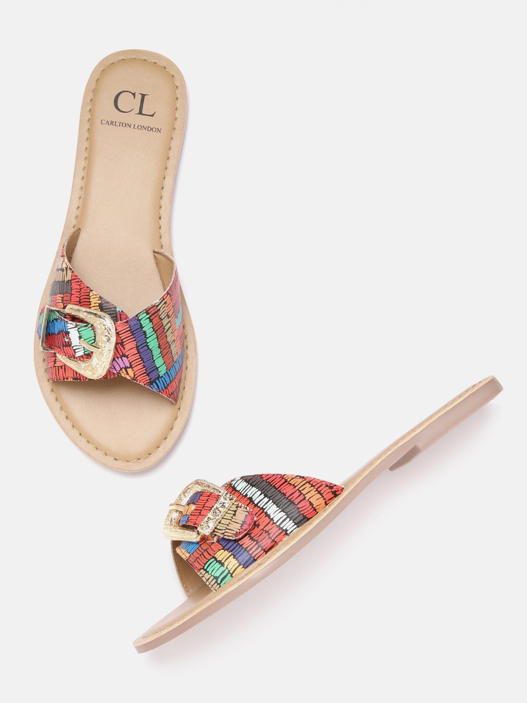 Carlton London Women Multicoloured Striped Open Toe Flats with Buckles Price in India