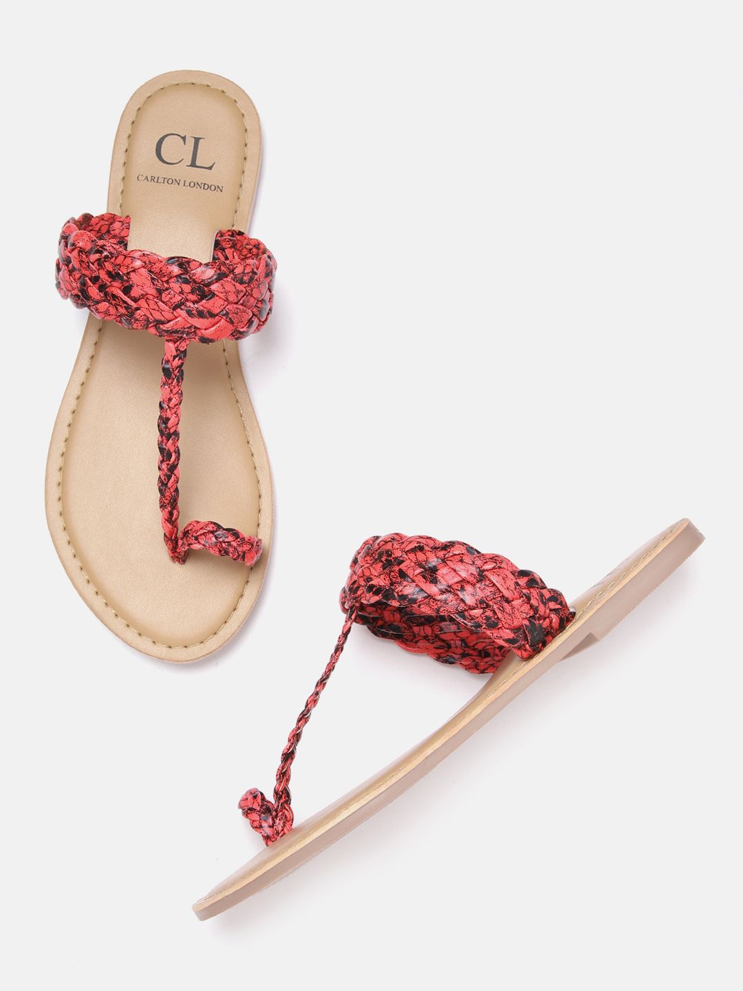 Carlton London Women Coral Red & Black Braided Woven Design One Toe Flats Price in India