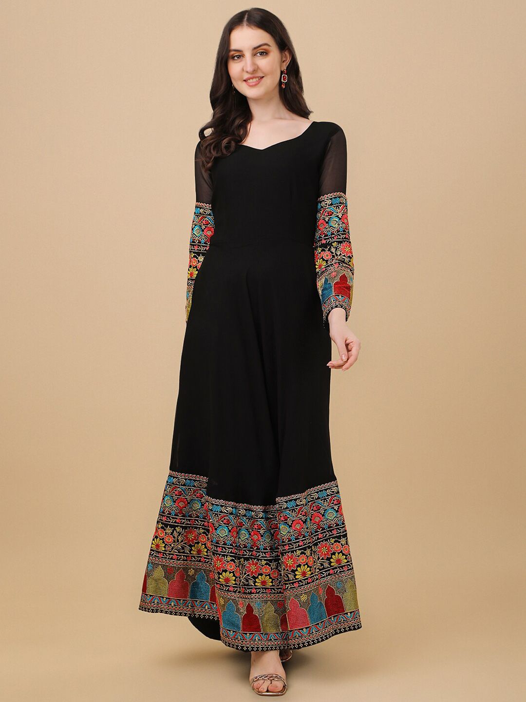 Vidraa Western Store Black Floral Embroidered Georgette Maxi Dress Price in India