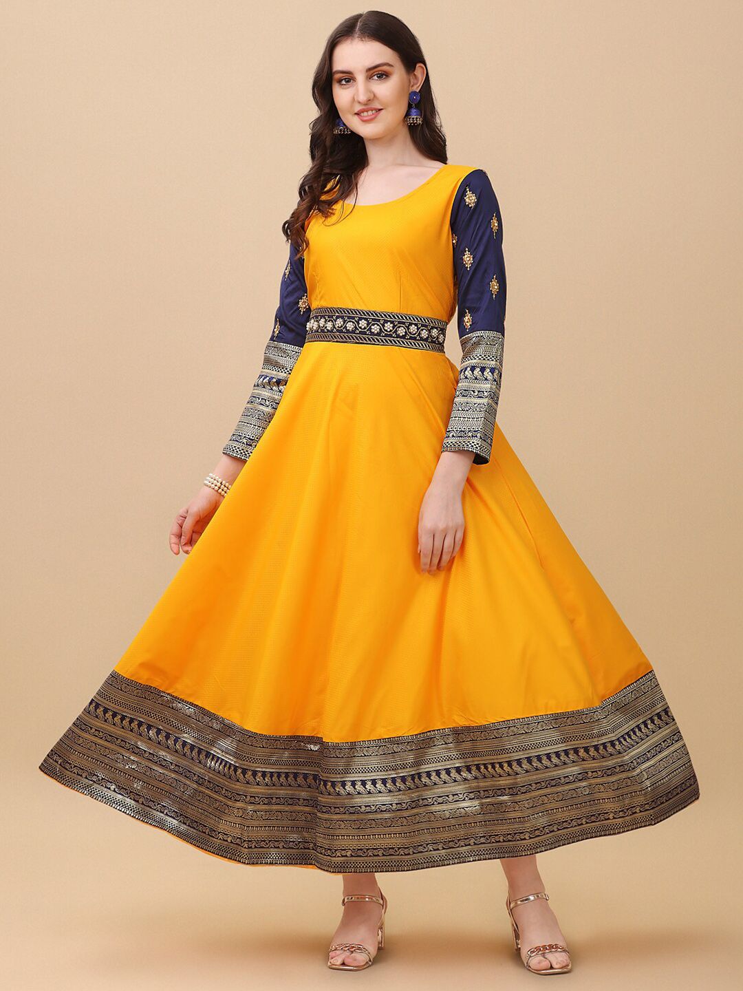 Vidraa Western Store Yellow Floral Embroidered Ethnic Maxi Dress Price in India