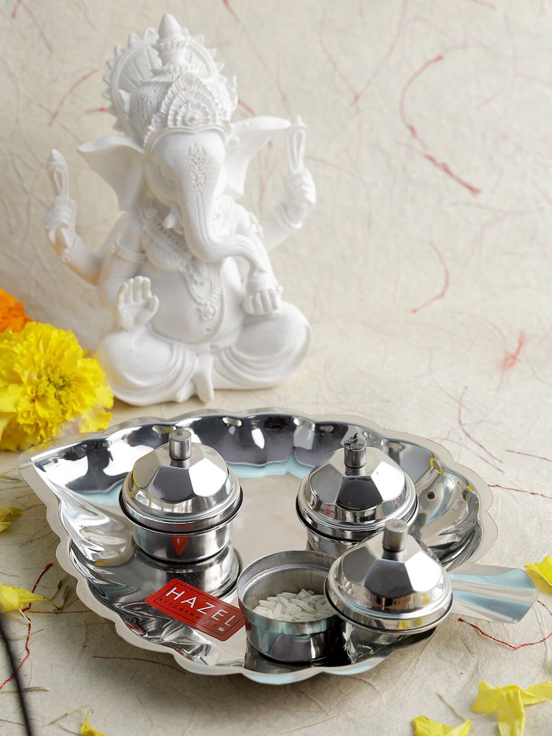 HAZEL Silver-Toned Pooja Thali With Haldi Kumkum Box Price in India