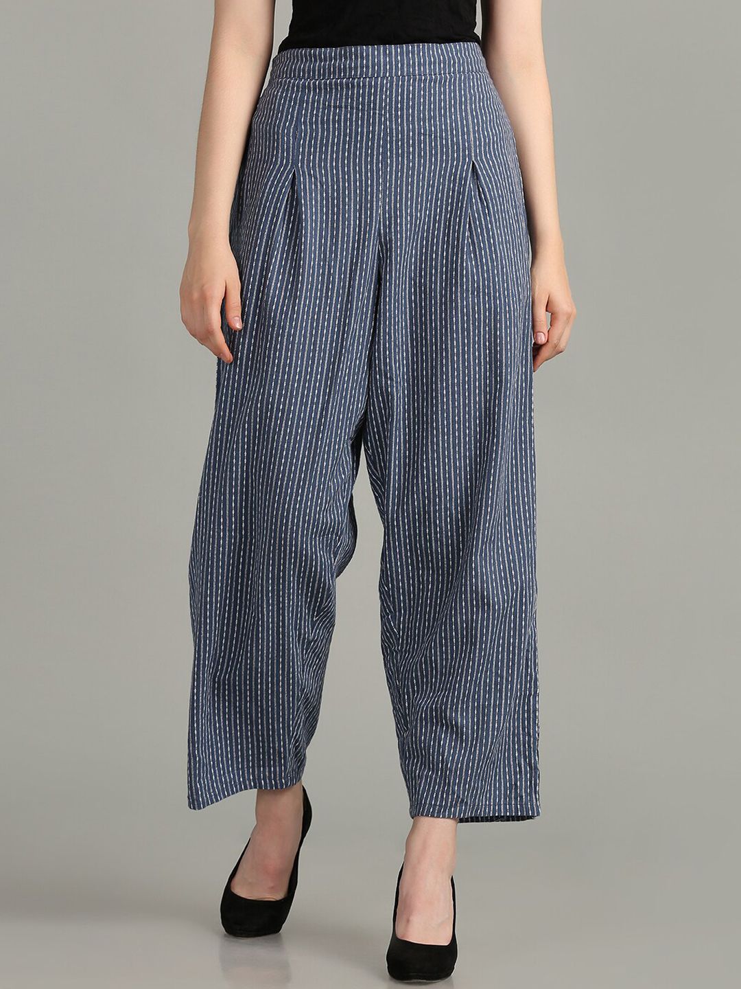 SAKIA Women Navy Blue Striped High-Rise Pleated Cotton Trousers Price in India