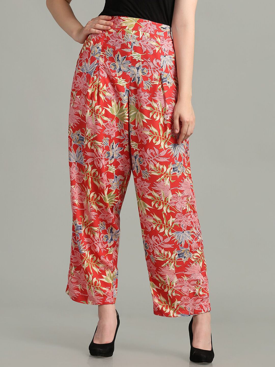 SAKIA Women Red Floral Printed High-Rise Trousers Price in India