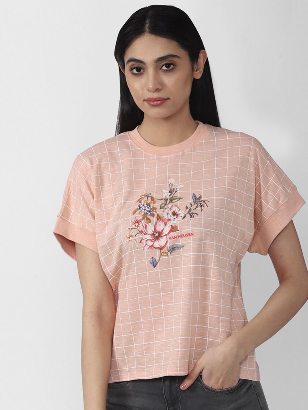 Van Heusen Woman Women Pink & White Floral Print Extended Sleeves Top Price in India