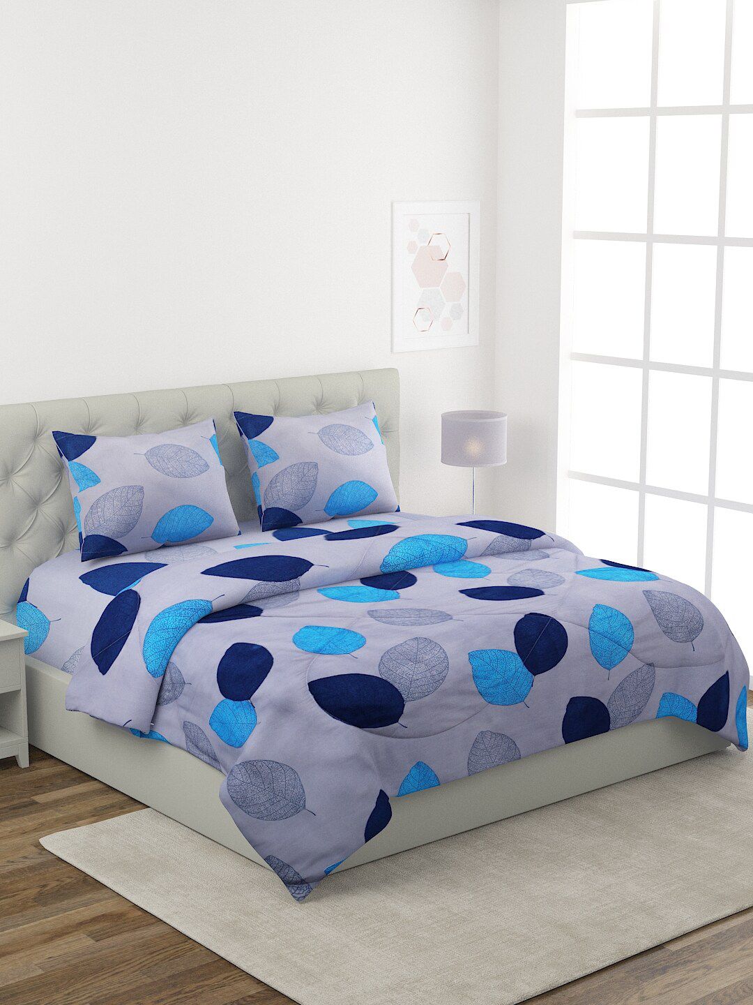 ROMEE Grey & Blue Printed Pure Cotton Double King  Bedding Set Price in India