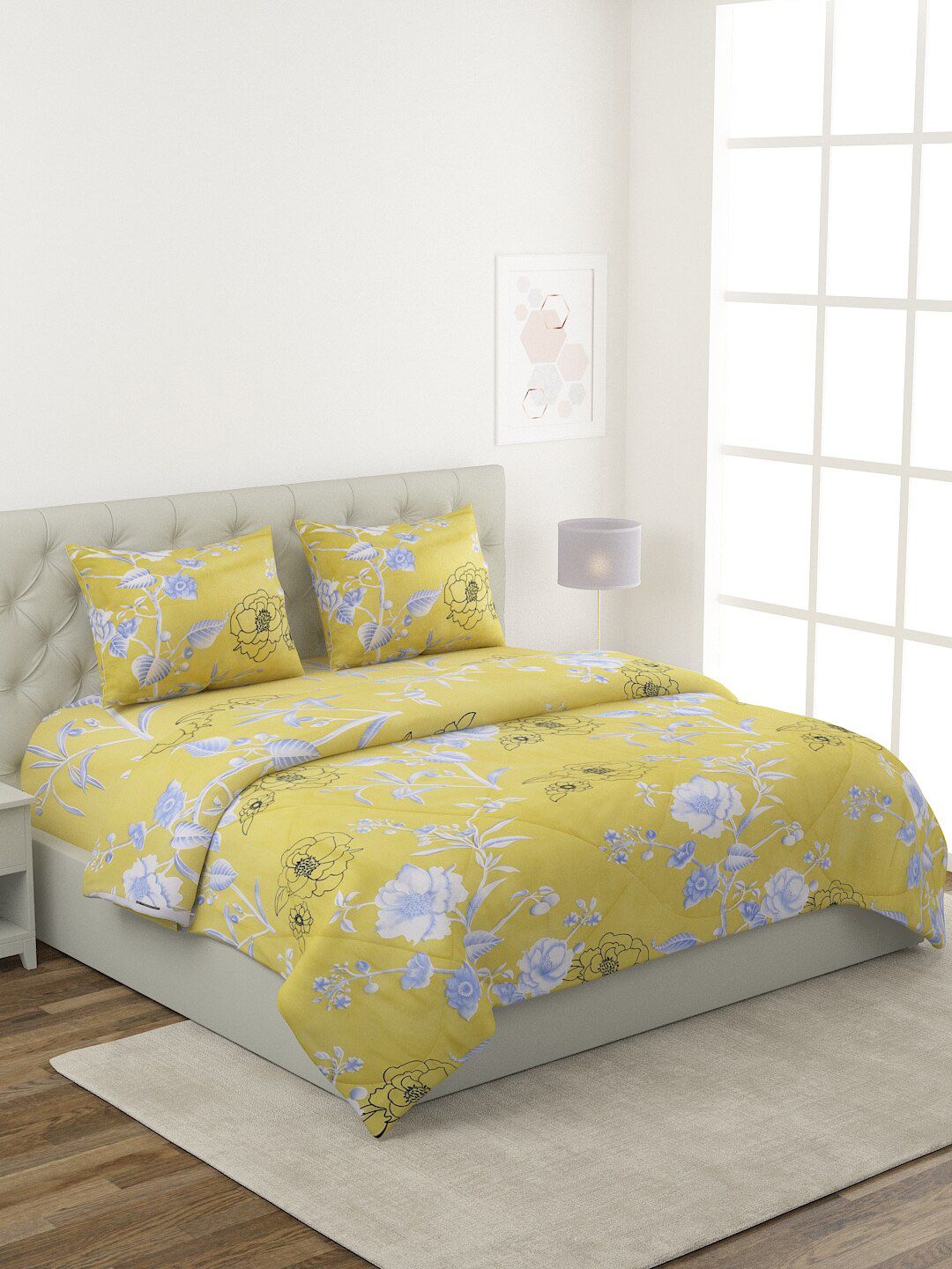 ROMEE Unisex Yellow & White Floral Printed Pure Cotton Double King Bedding Set Price in India