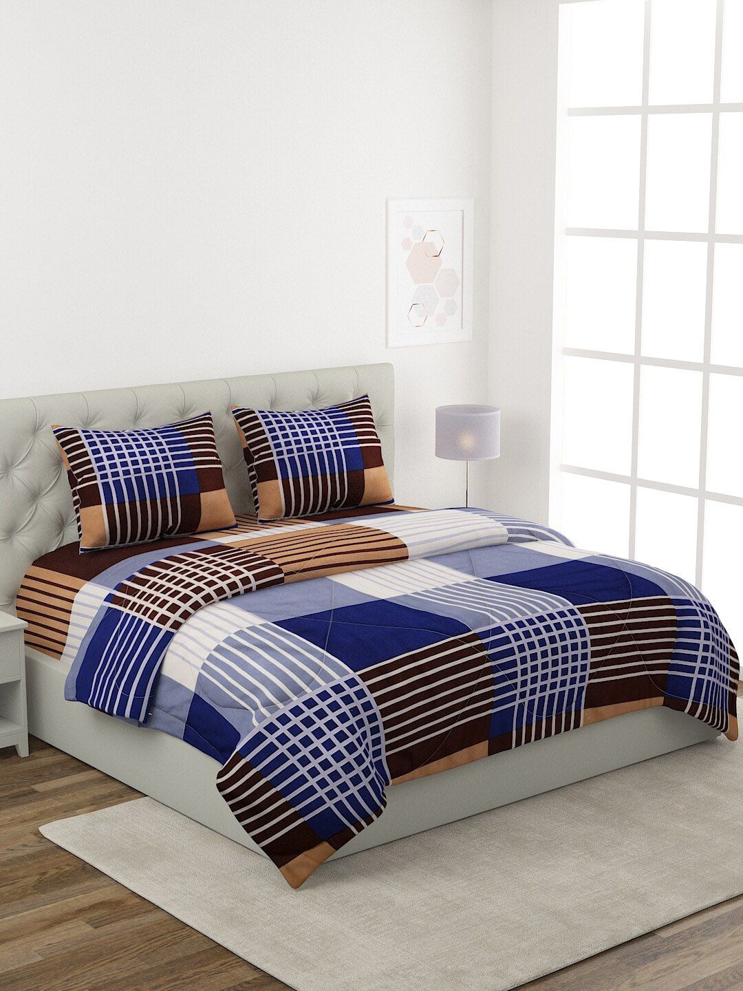 ROMEE Blue & Brown Checked Cotton Double King Bedding Set With 2 Pillow Covers Price in India