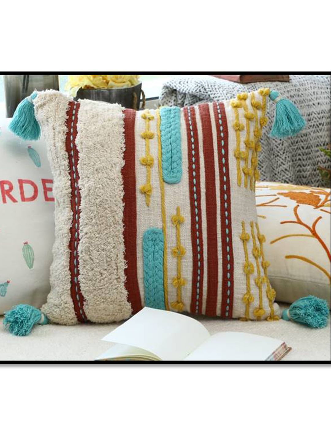HERE&NOW Beige & Yellow Striped Square Cushion Cover Price in India
