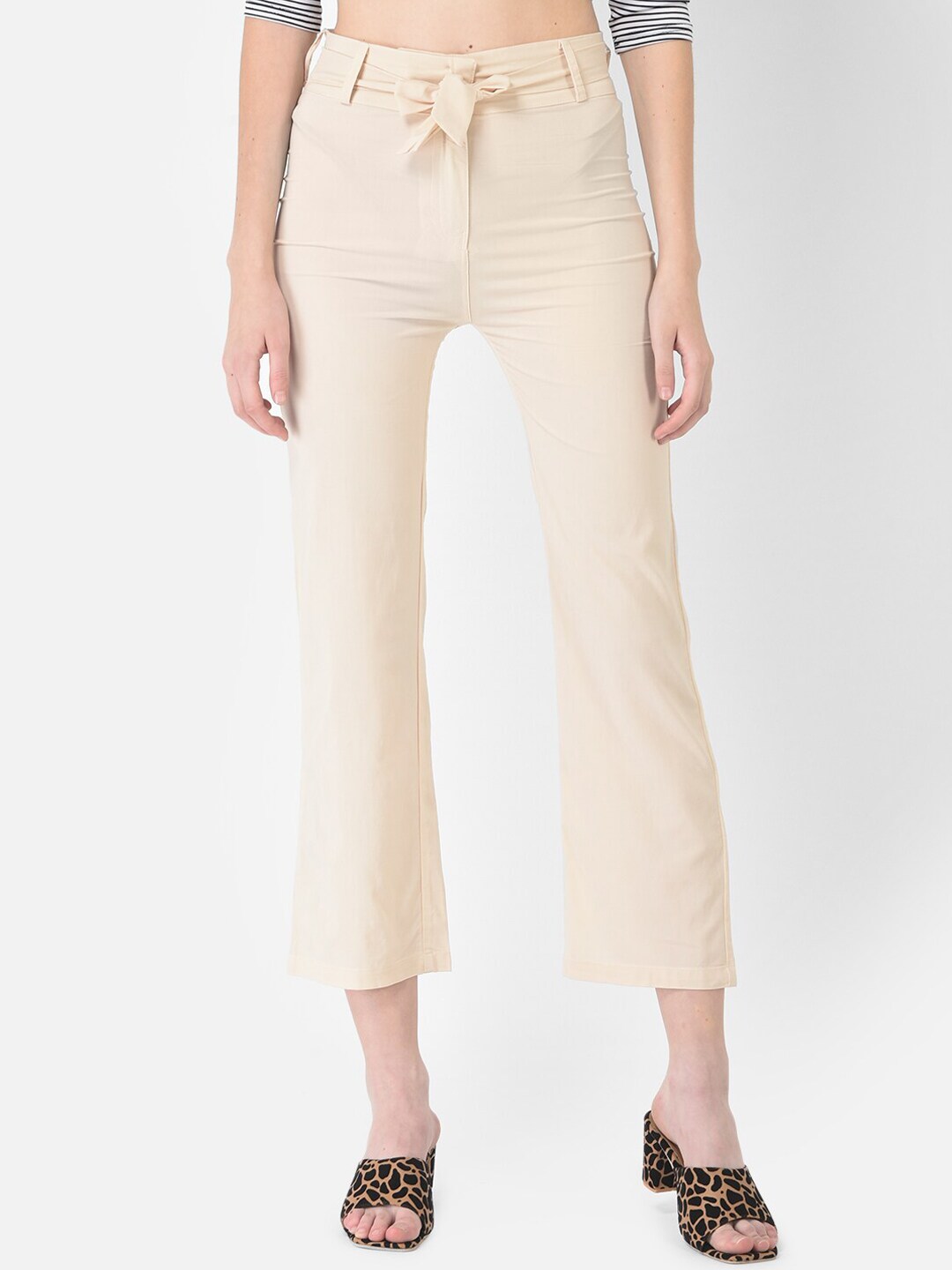 FNOCKS Women Cream-Coloured Relaxed Straight Leg Trousers Price in India