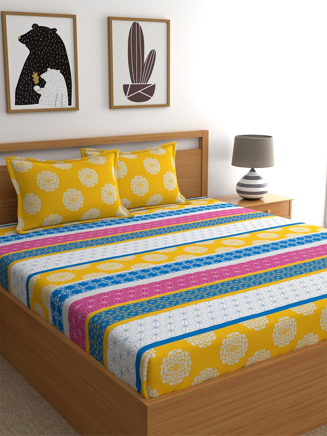 Home Ecstasy 140 TC 110 GSM Ethnic Print Fitted Cotton Queen Bedsheet With 2 Pillow Covers Price in India