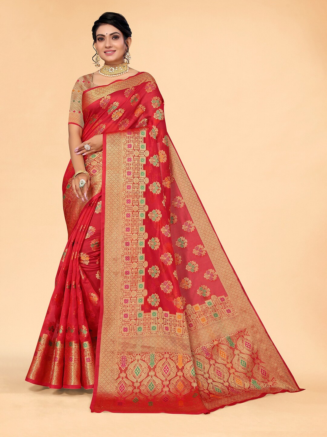 all about you Red & Gold-Toned Ethnic Motifs Organza Kanjeevaram Saree Price in India
