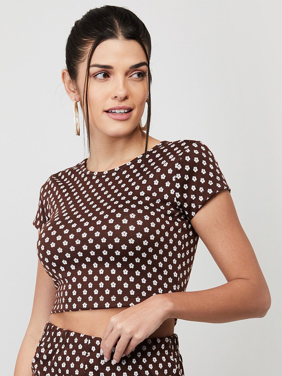 Ginger by Lifestyle Women Brown & Off White Floral Print Styled Back Crop Top Price in India