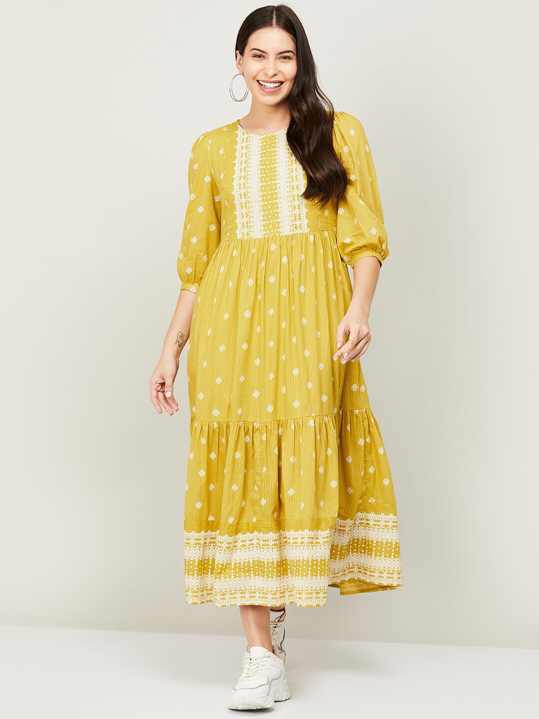 Colour Me by Melange Yellow Cotton Ethnic Motifs Ethnic A-Line Midi Dress Price in India