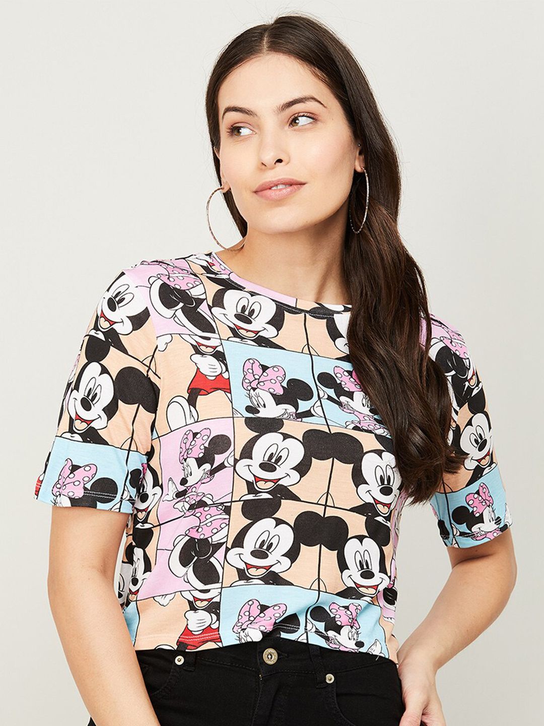 Ginger by Lifestyle Women White Mickey Mouse Printed T-shirt Price in India