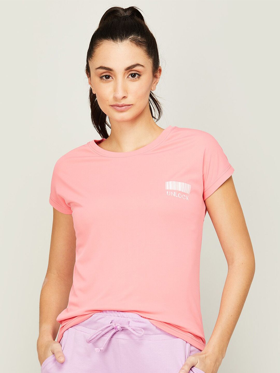 Kappa Women Pink Solid Sports Pure Cotton T-shirt Price in India