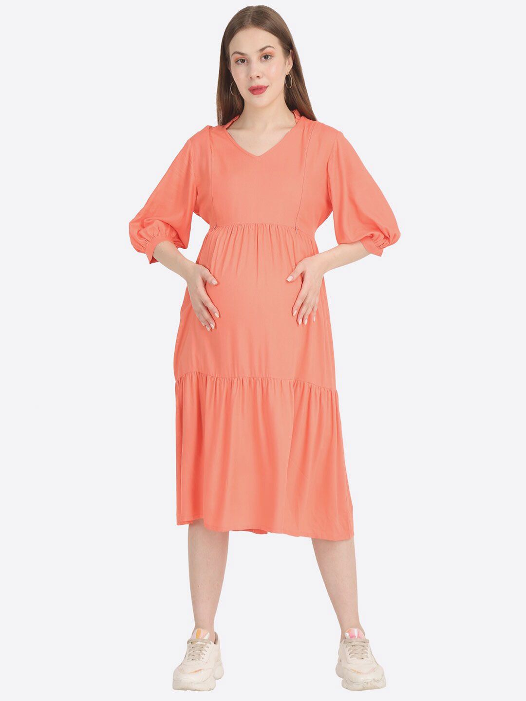 MYLO ESSENTIALS Peach-Coloured Solid Maternity Midi Dress Price in India