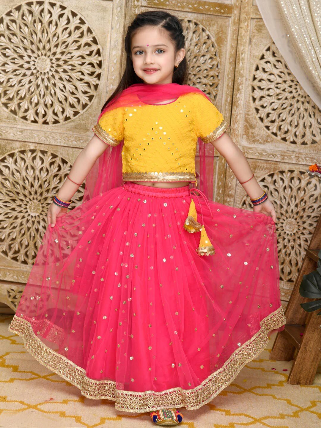 SAKA DESIGNS Girls Yellow And Pink Embroidered Embellished Lehenga With Choli And Dupatta Price in India