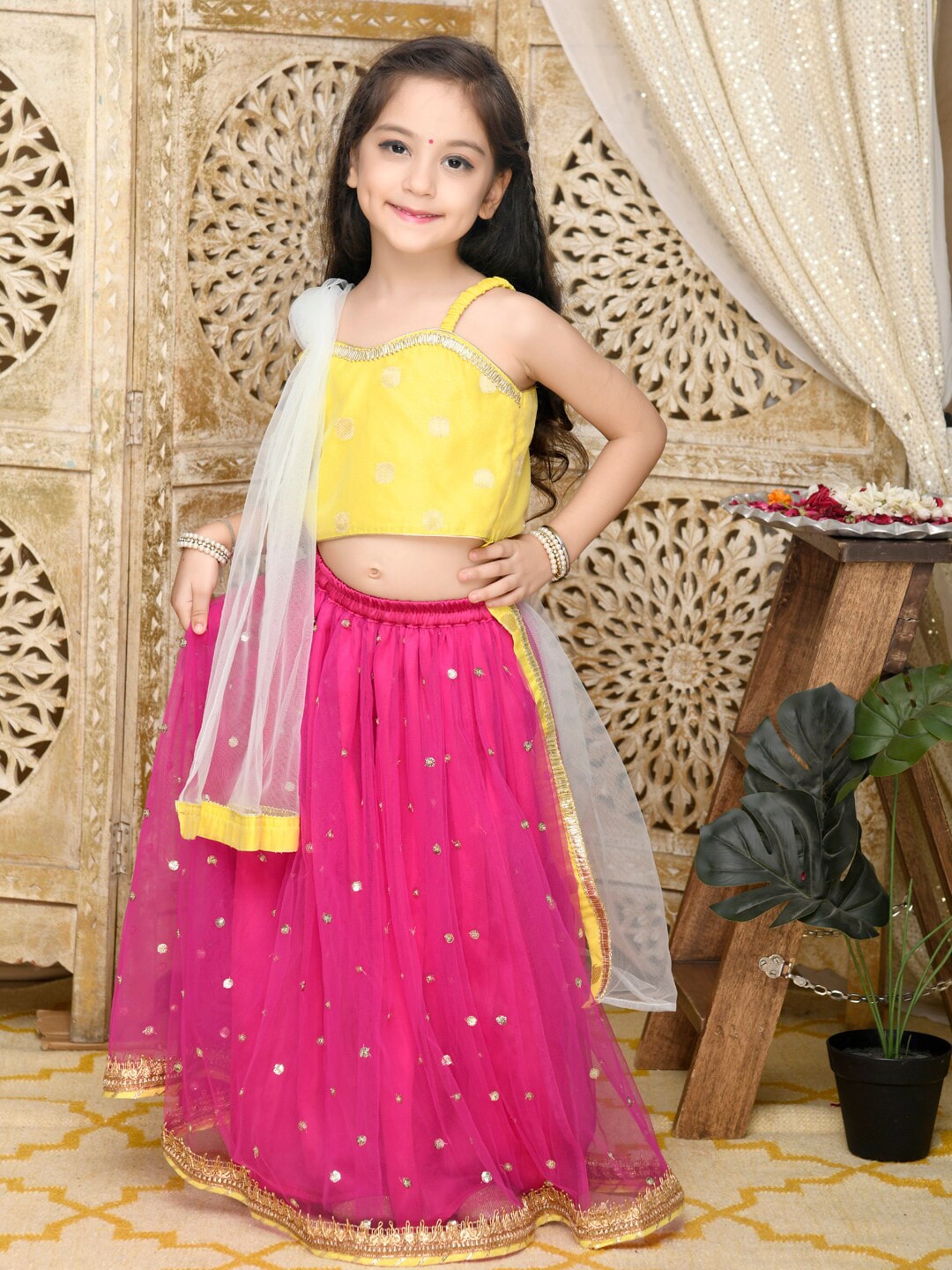 SAKA DESIGNS Girls Magenta & Yellow Sequinned Ready to Wear Lehenga & Price in India
