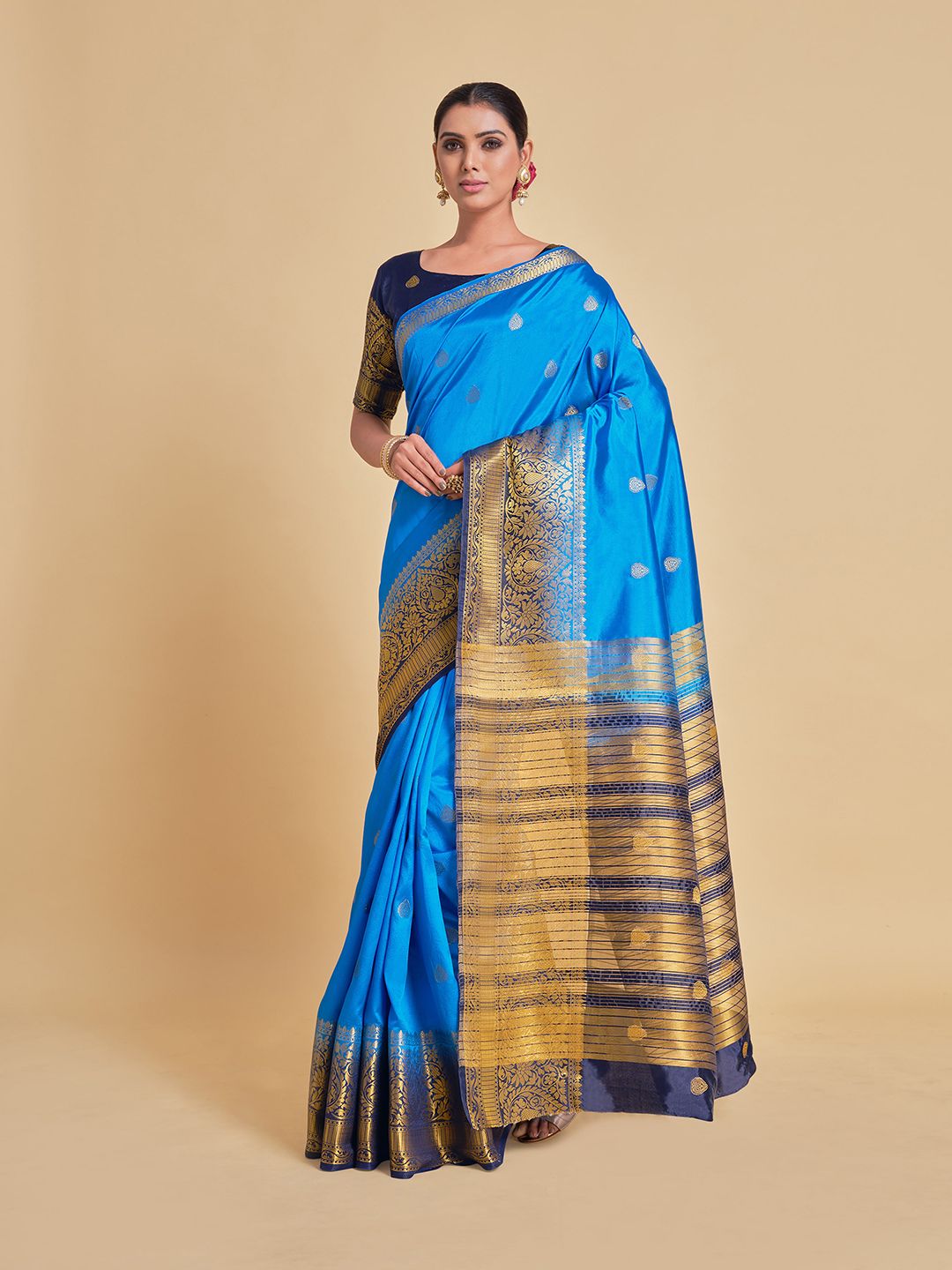 all about you Blue & Gold-Toned Woven Design Zari Silk Blend Banarasi Saree Price in India