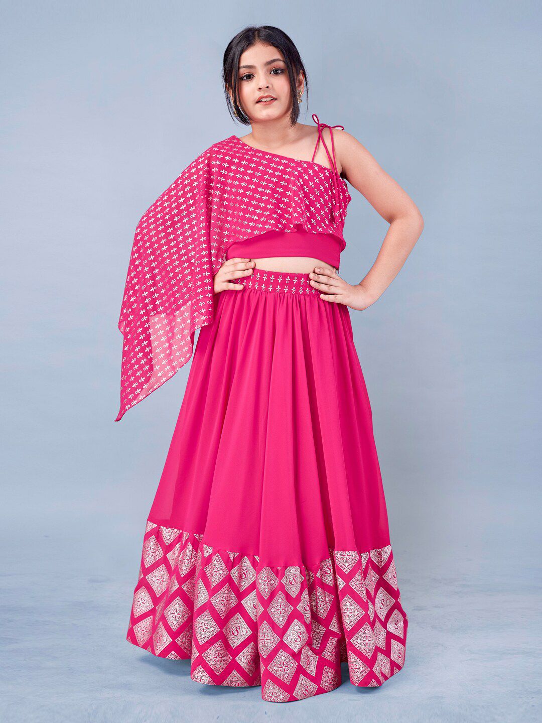FASHION DREAM Girls Pink & White One Shoulder Ready to Wear Lehenga Price in India