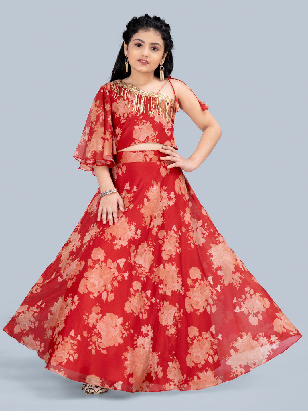 FASHION DREAM Girls Red & Gold-Toned Printed Ready to Wear Lehenga Choli Price in India