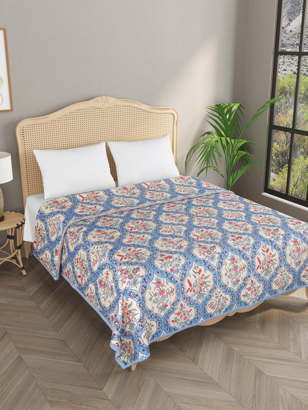 Gulaab Jaipur Blue & Off White Floral Print AC Room 300 GSM Double Bed Dohar Price in India