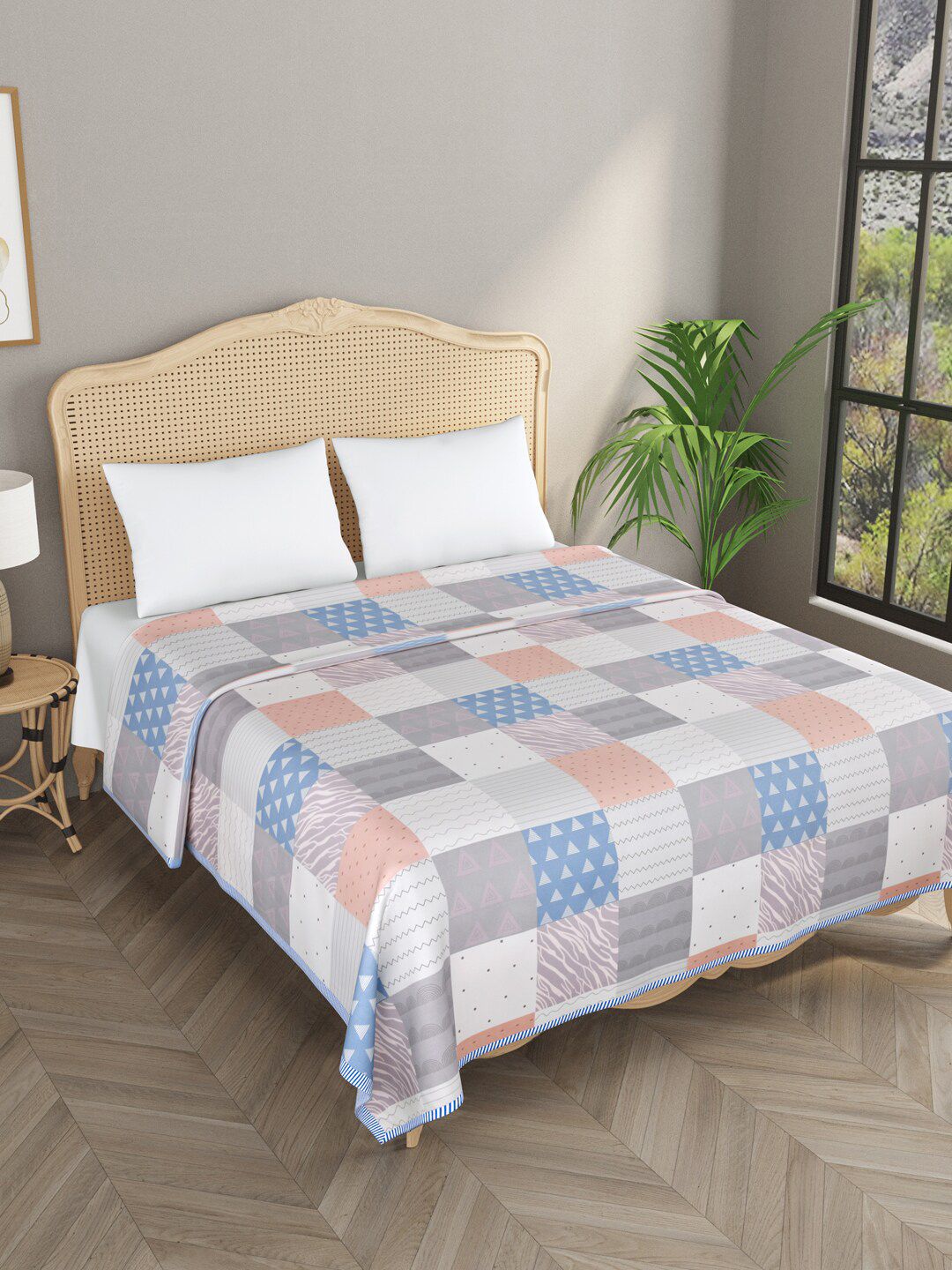 Gulaab Jaipur White & Blue Checked AC Room 300 GSM Double Bed Dohar Price in India