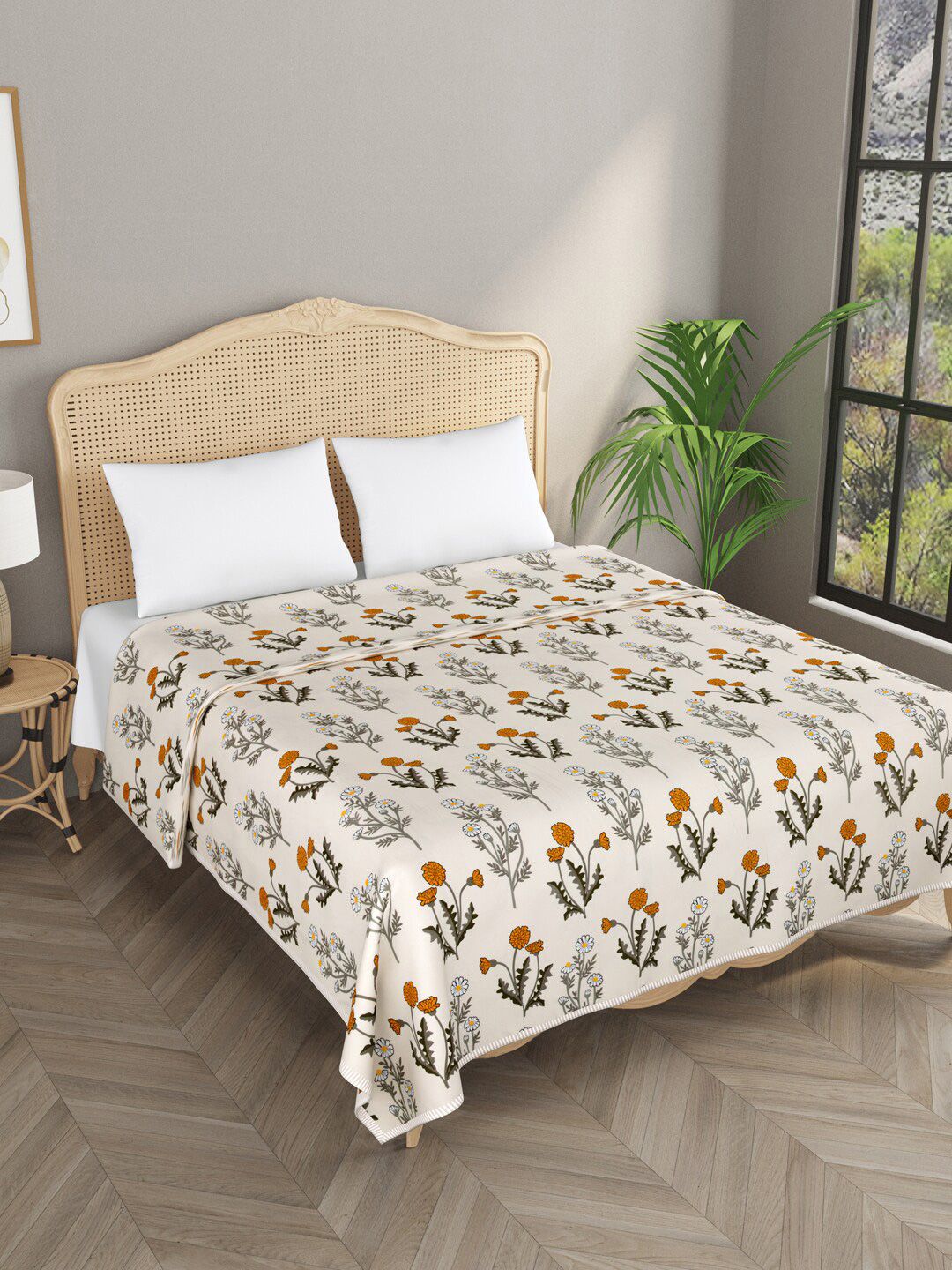 Gulaab Jaipur Beige & Grey Floral AC Room 300 GSM Double Bed Dohar Price in India