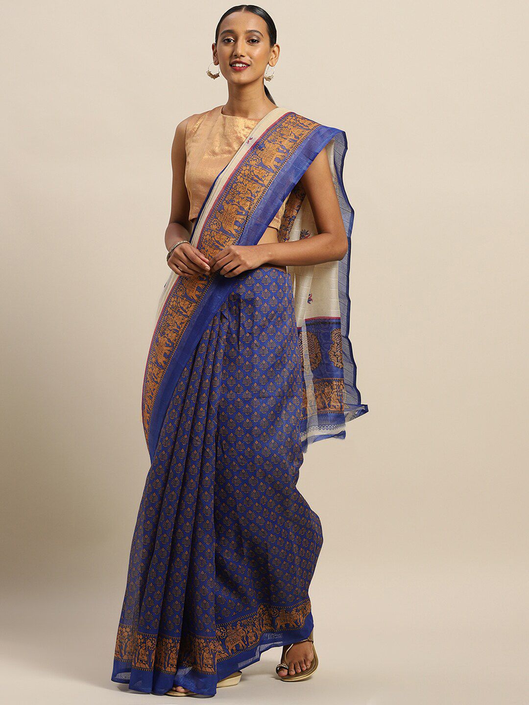 KALINI Women Blue & Beige Ethnic Motifs Printed Art Silk Saree  With Blouse Price in India