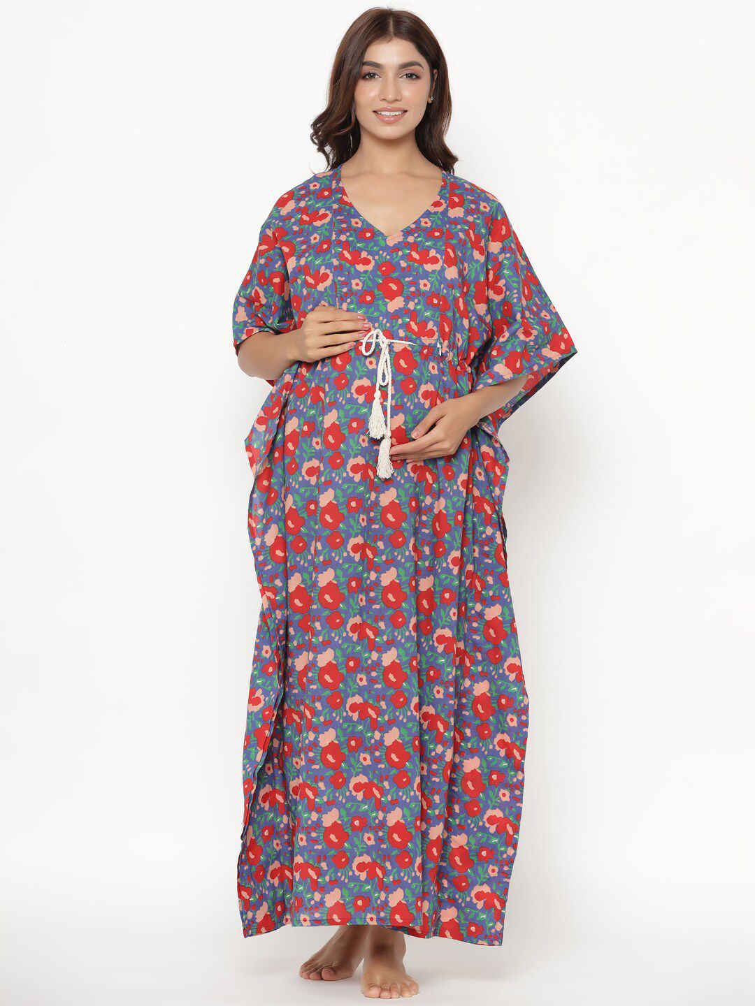 Ikk Kudi by Seerat Blue Printed Pure Cotton Maternity & Nursing Kaftan Maxi Nightdress