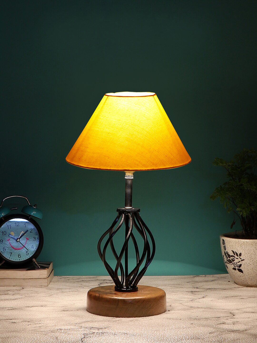 Devansh Yellow Cotton Table lamp With Wood & Iron Base Price in India