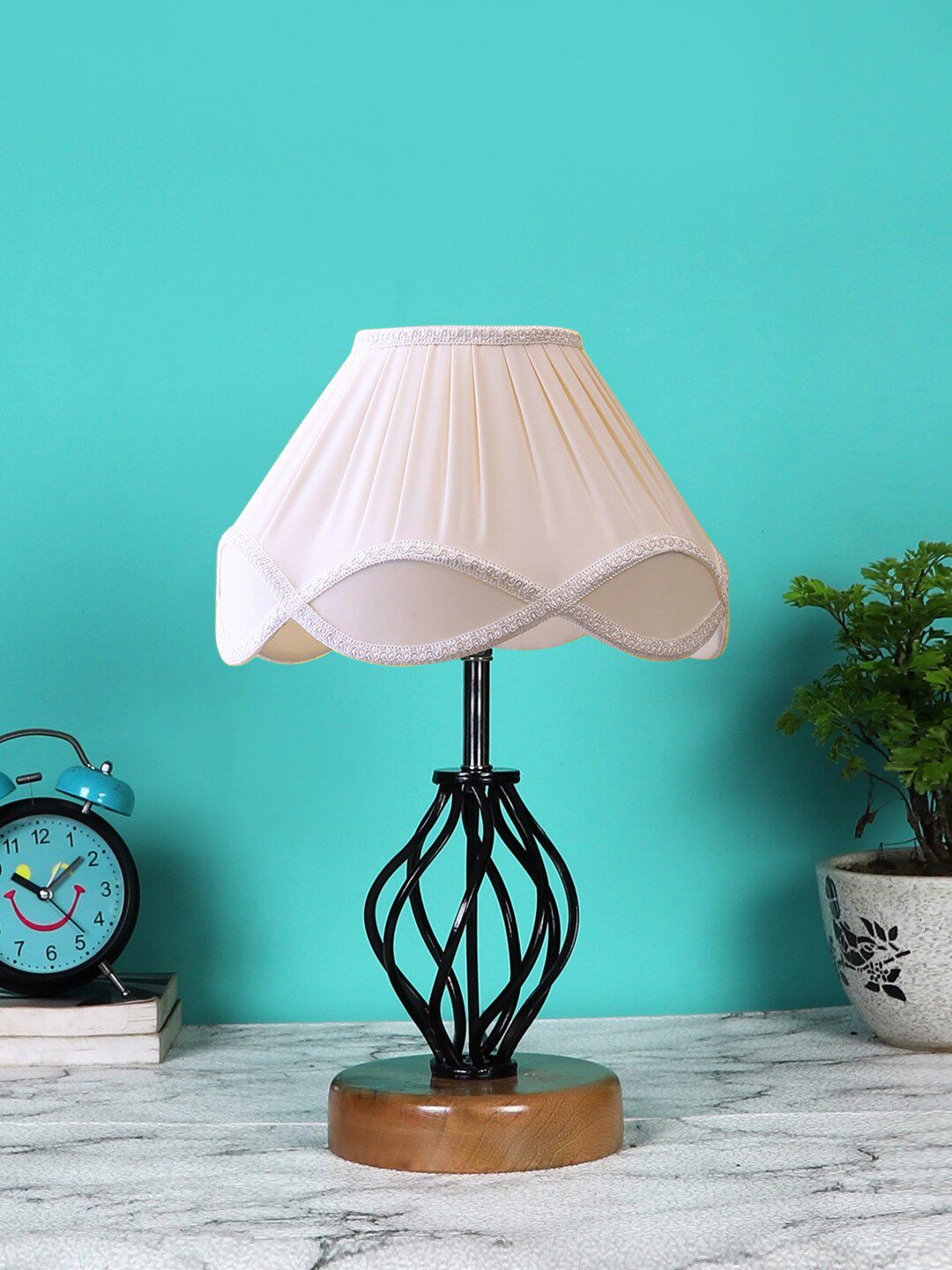 Devansh Off White & Black Embellished Frustum Shaped Table Lamp Price in India