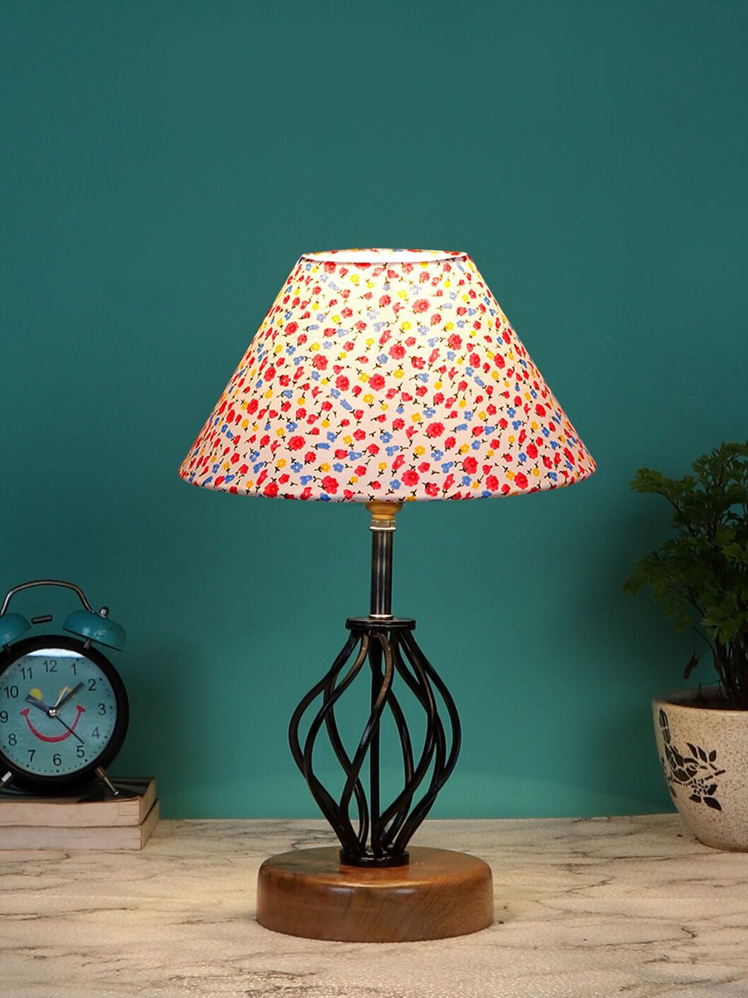 Devansh White & Black Printed Table Lamps With Cotton Shade Price in India