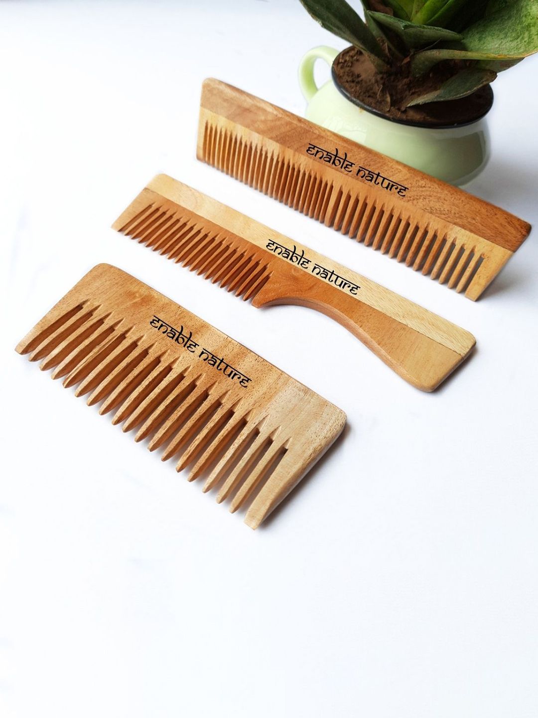 Enable Nature Set Of 3 Brown Organic Neem Wood Comb