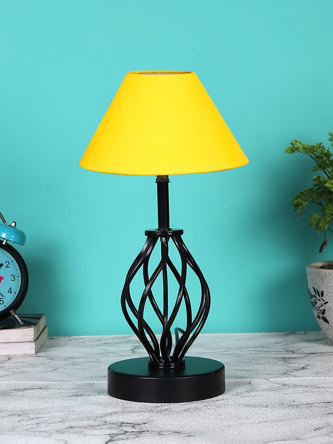 Devansh Yellow & Black Solid Frustum Shaped Table Lamp Price in India