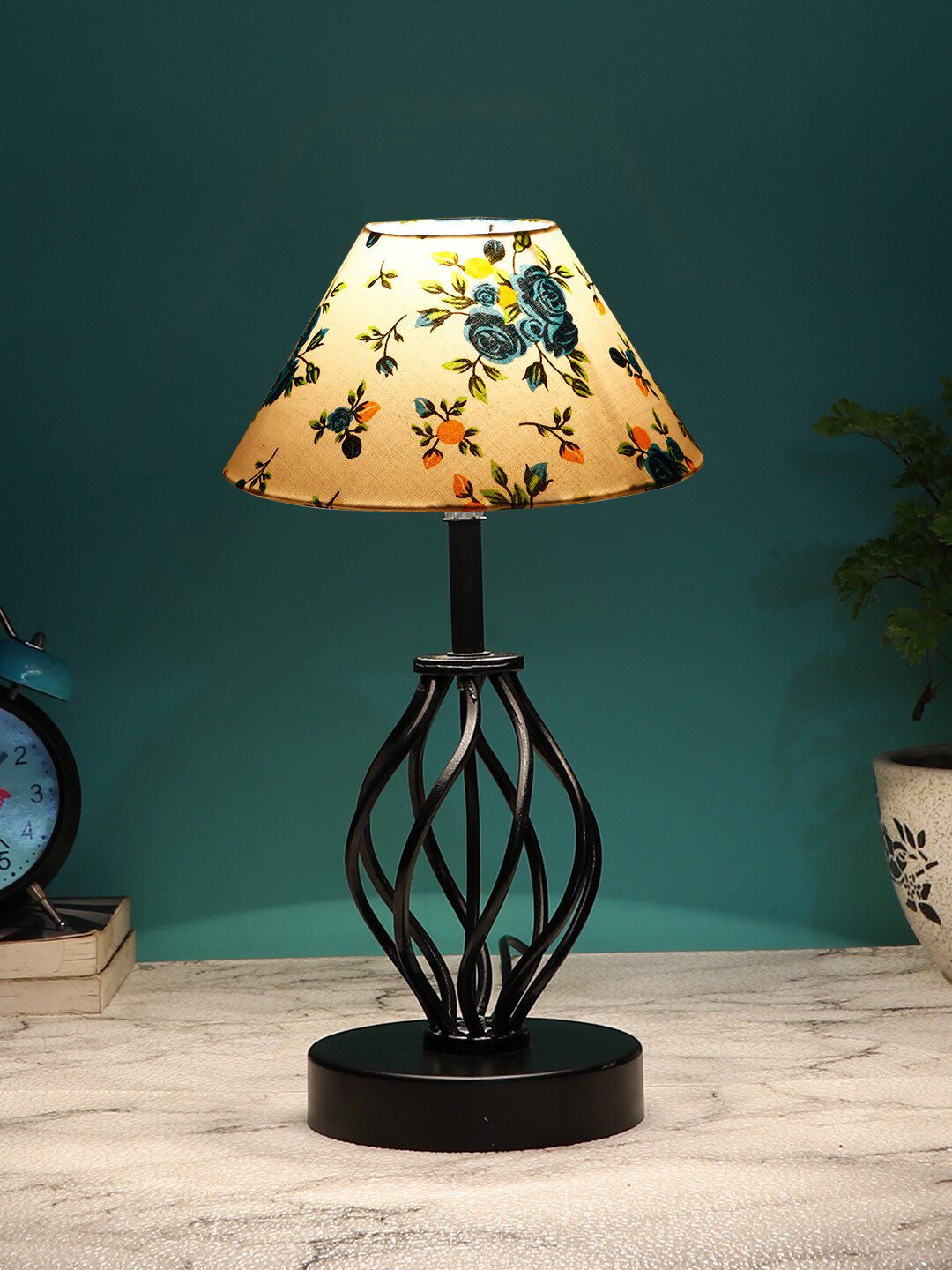 Devansh White & Blue Printed Cotton Table lamp With Iron Base Price in India