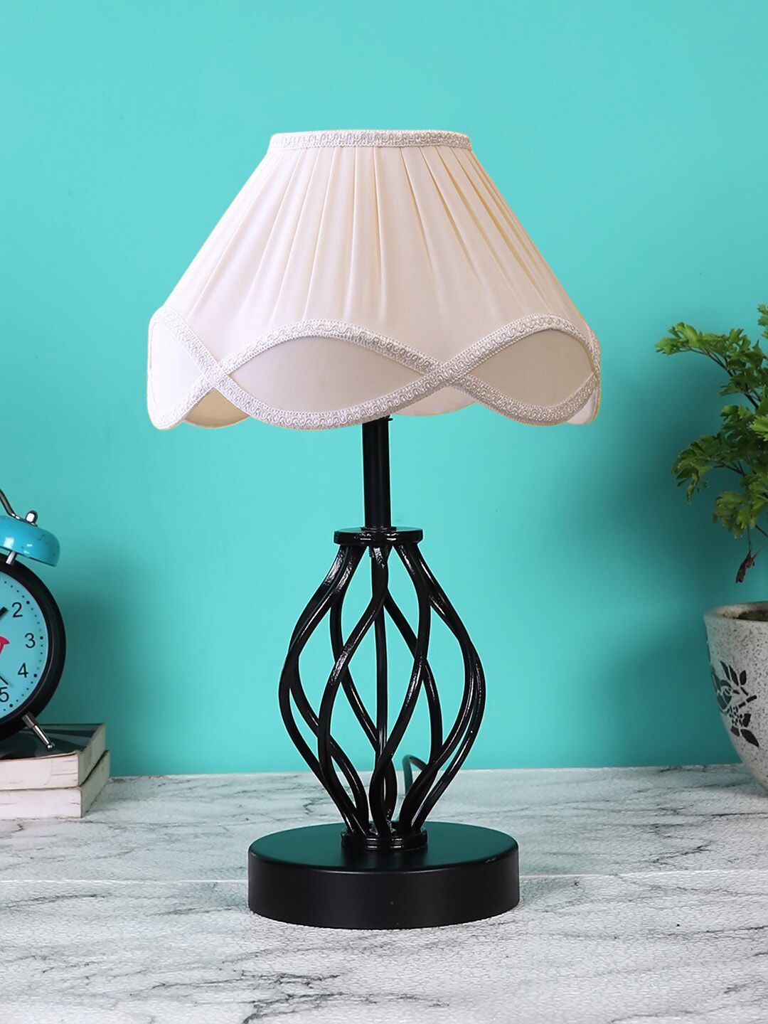 Devansh Off White & Black Textured Table Lamp With Shade Price in India
