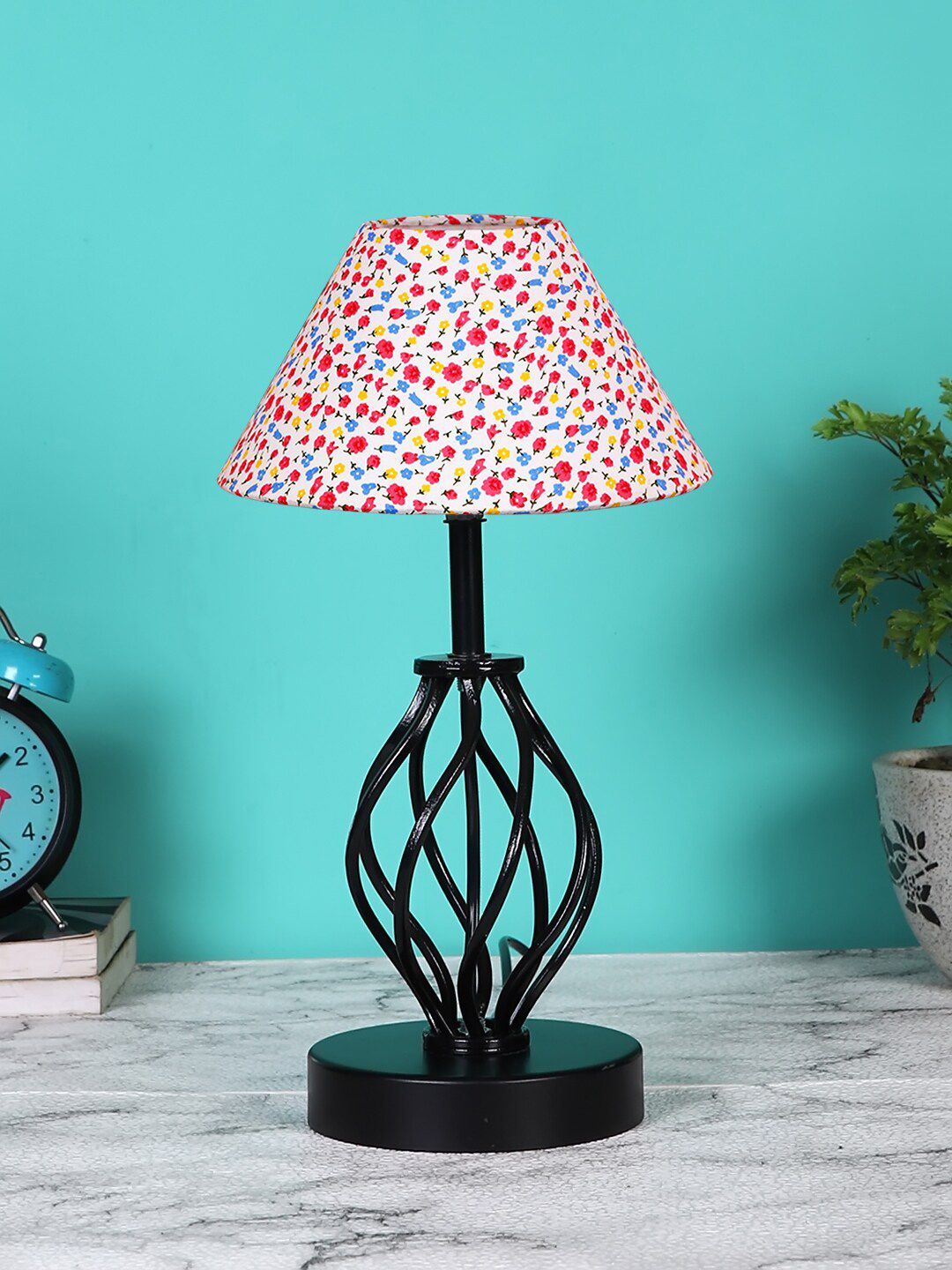 Devansh White & Red Printed Cotton Table lamp With Iron Base Price in India