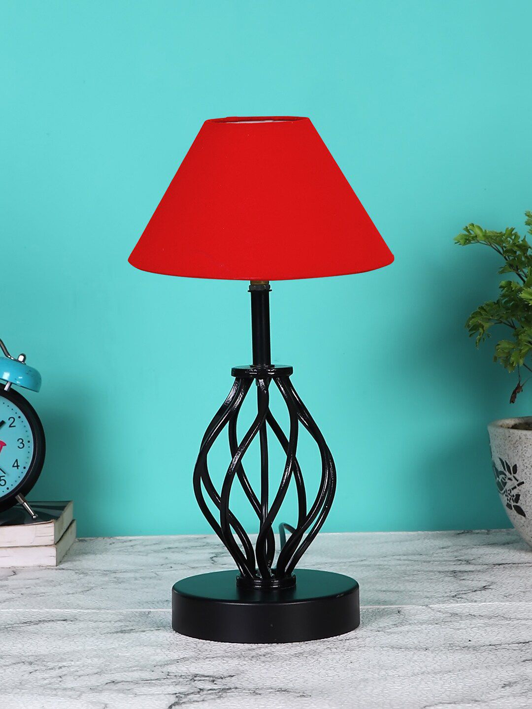 Devansh Red & Black Solid Cotton Table lamp With Iron Base Price in India