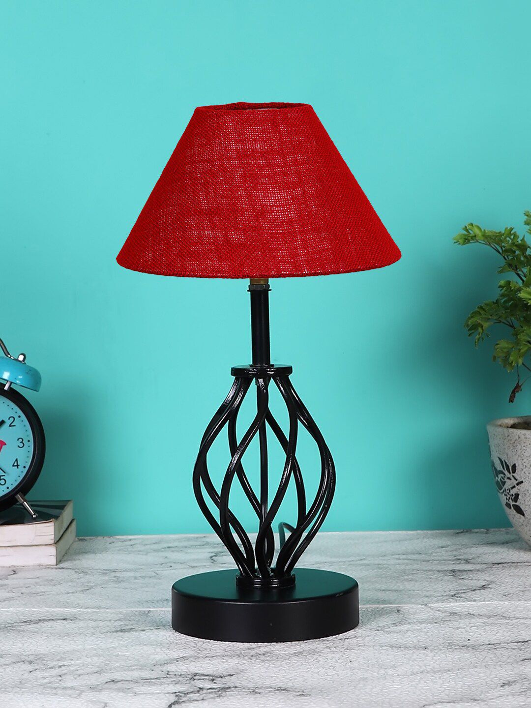 Devansh Maroon & Black Textured Frustum Shaped Table Lamp Price in India