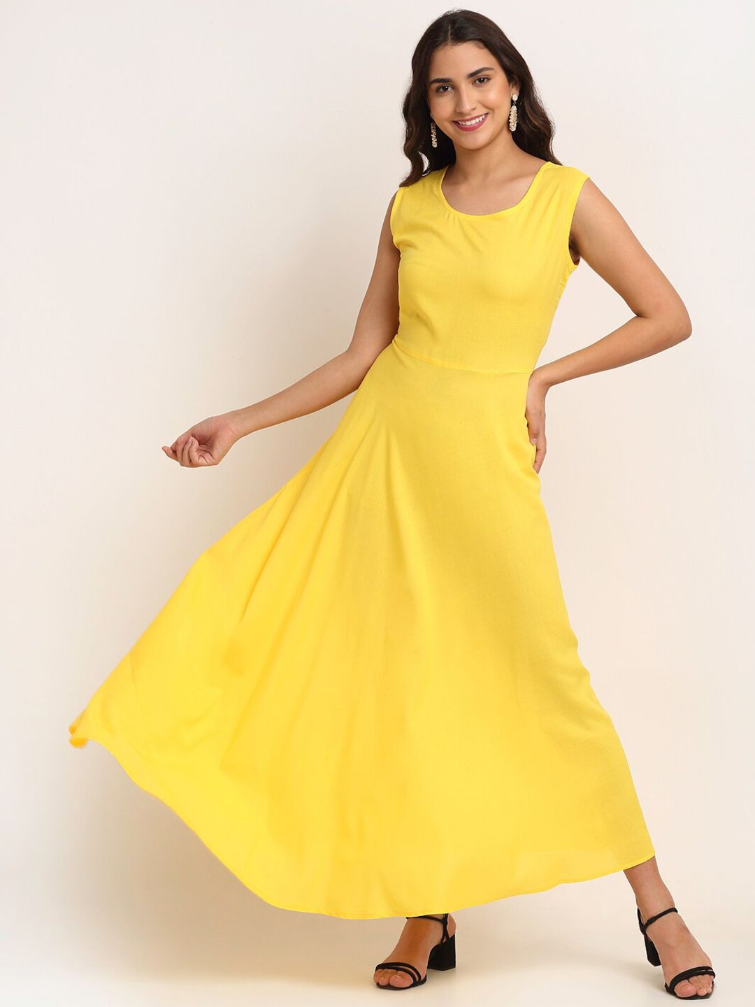 Aawari Women Yellow Solid Sleeveless Maxi Dress Price in India