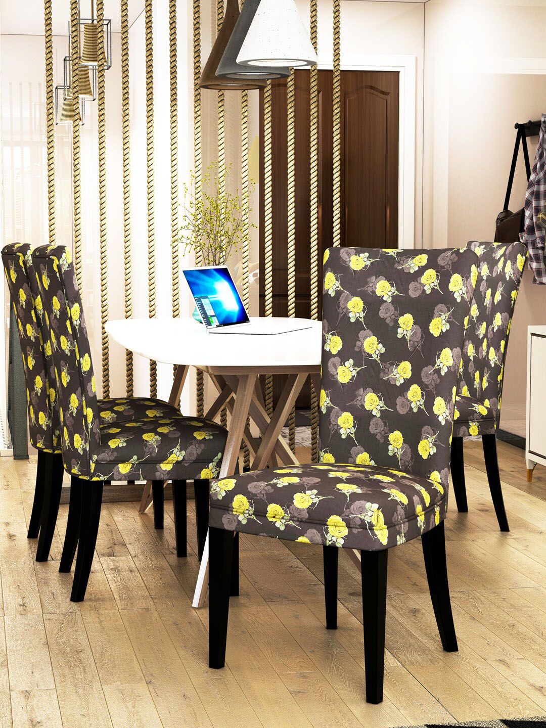 Nendle Set Of 4 Black and Yellow Floral Printed Chair Covers Price in India