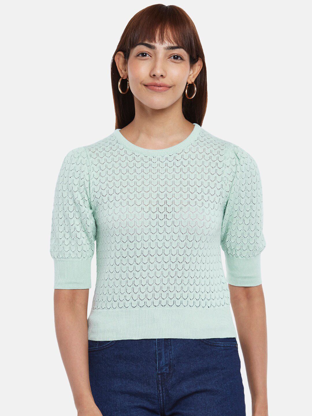 People Women Green Puff Sleeves Top Price in India