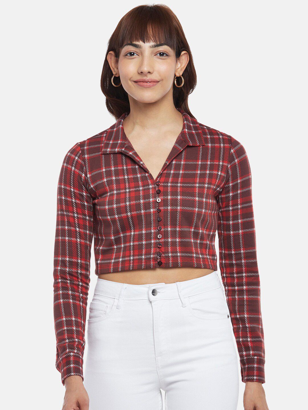 People Brown Checked Shirt Style Crop Top Price in India