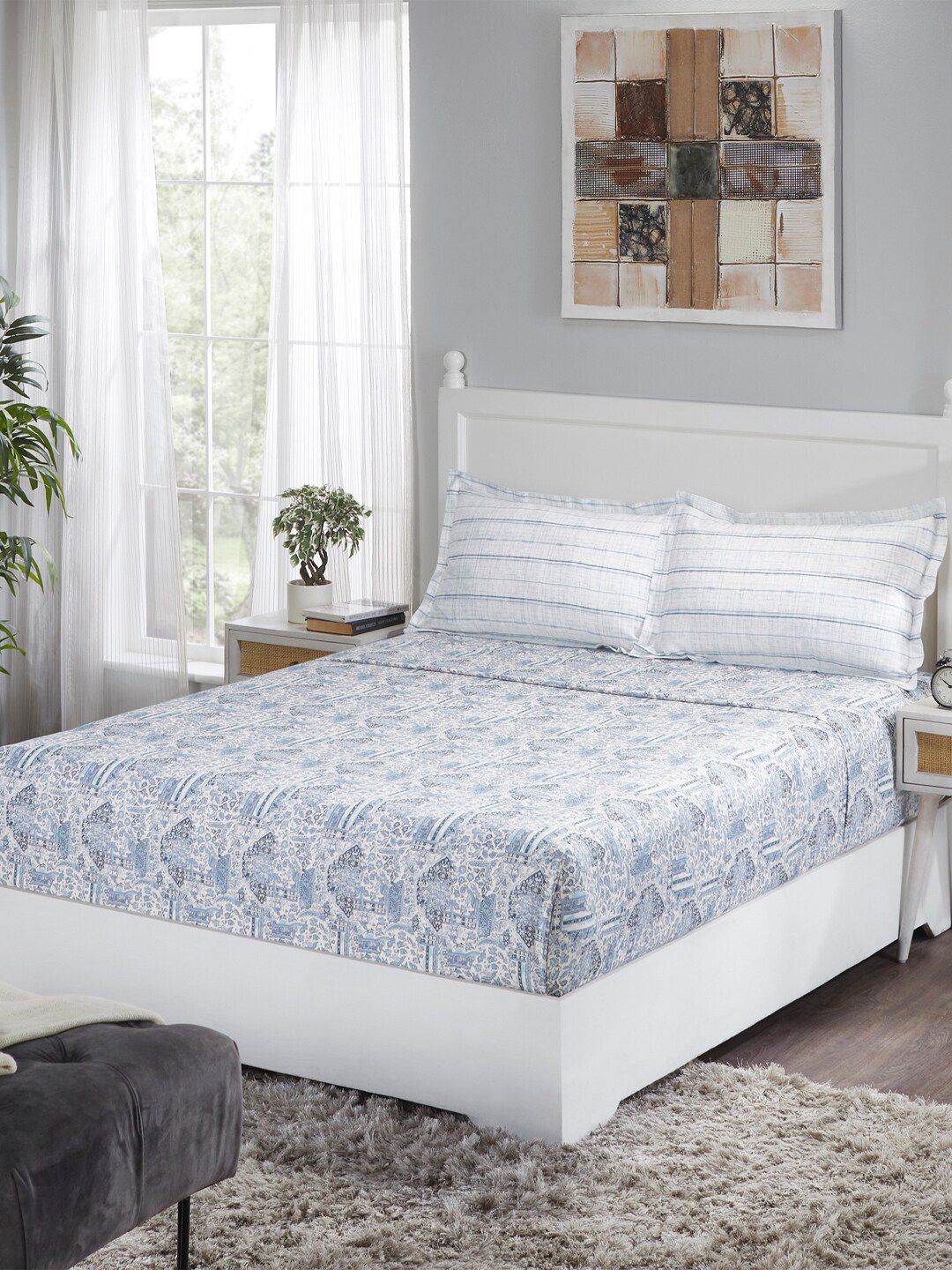 Trident Blue & White 100% Cotton 210 TC King Bedsheet with 2 Pillow Covers Price in India