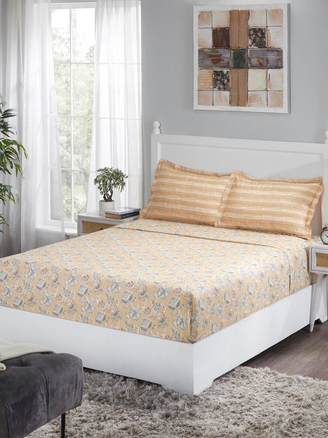 Trident Yellow & White Floral 210 TC King Pure Cotton Bedsheet with 2 Pillow Covers Price in India