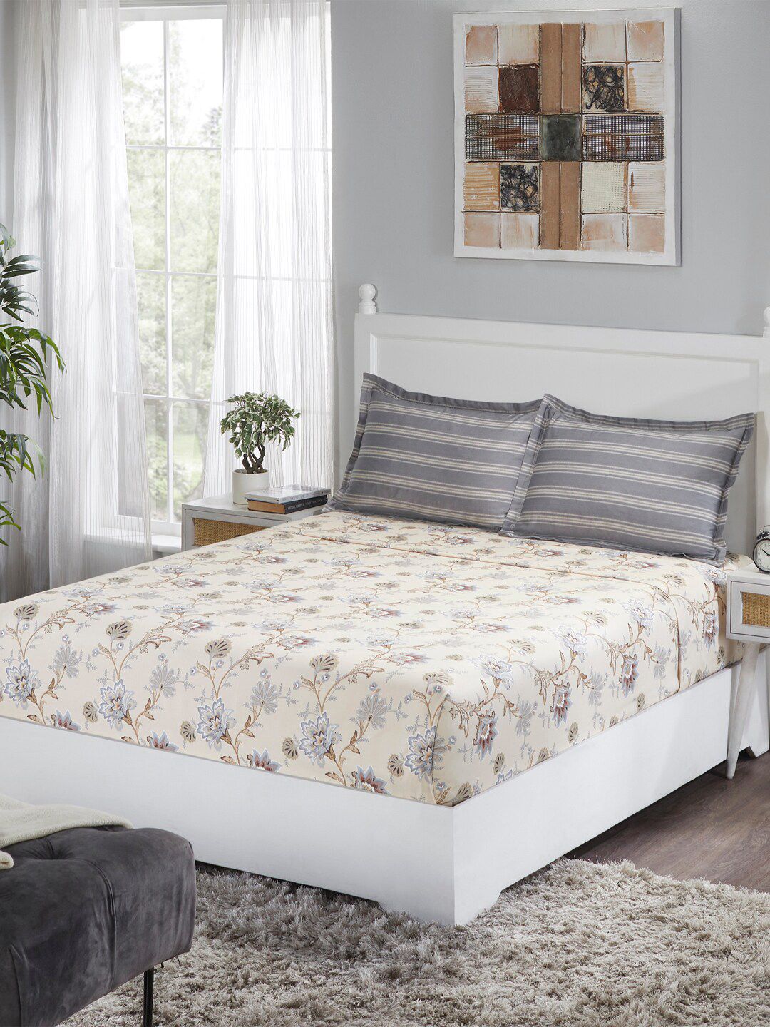 Trident Brown & Grey Floral 100% Cotton 210 TC King Bedsheet with 2 Pillow Covers Price in India