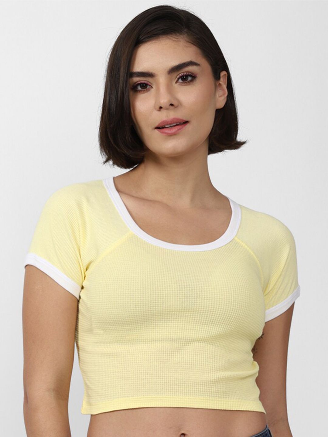 FOREVER 21 Women Yellow & White Crop Top Price in India