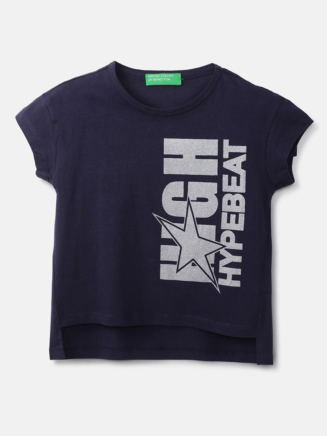 United Colors of Benetton Girls Navy Blue & Grey Print Pure cotton Top Price in India